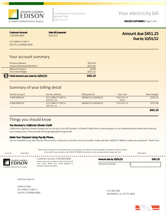 USA Southern California Edison utility bill template in Word and PDF format
